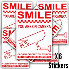 6 x Smile You Are On Camera-Red on White 120mm-Monitoring CCTV Video Recording Camera Security Warning Stickers-Self Adhesive Vinyl Sign 